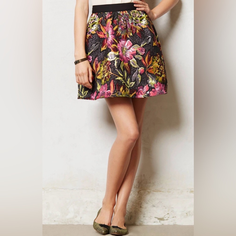 Anthropologie Ladakh Brocade Bloom Floral Metallic A-line Skirt Size 2
